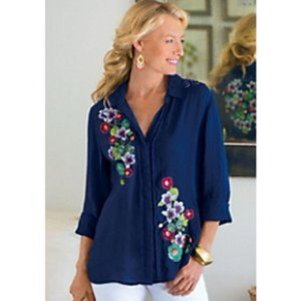 Soft Surroundings Le Jardin Navy Long Sleeve Embroidered Floral Blouse, Size L